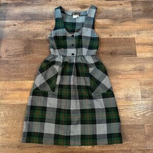 VTG Prince David Jumper Dress 7/8 Green Plaid Tartan Chore Pockets Cottage